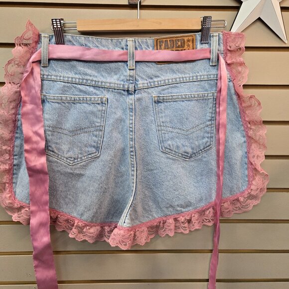 vintage denim jeans and pink lace ladies apron - Picture 1 of 1